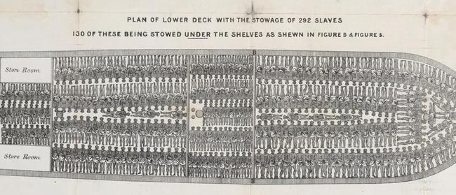 A ship’s plan for carrying slaves, many of whom died during gruelling, dehumanising passages, mostly to the Americas.