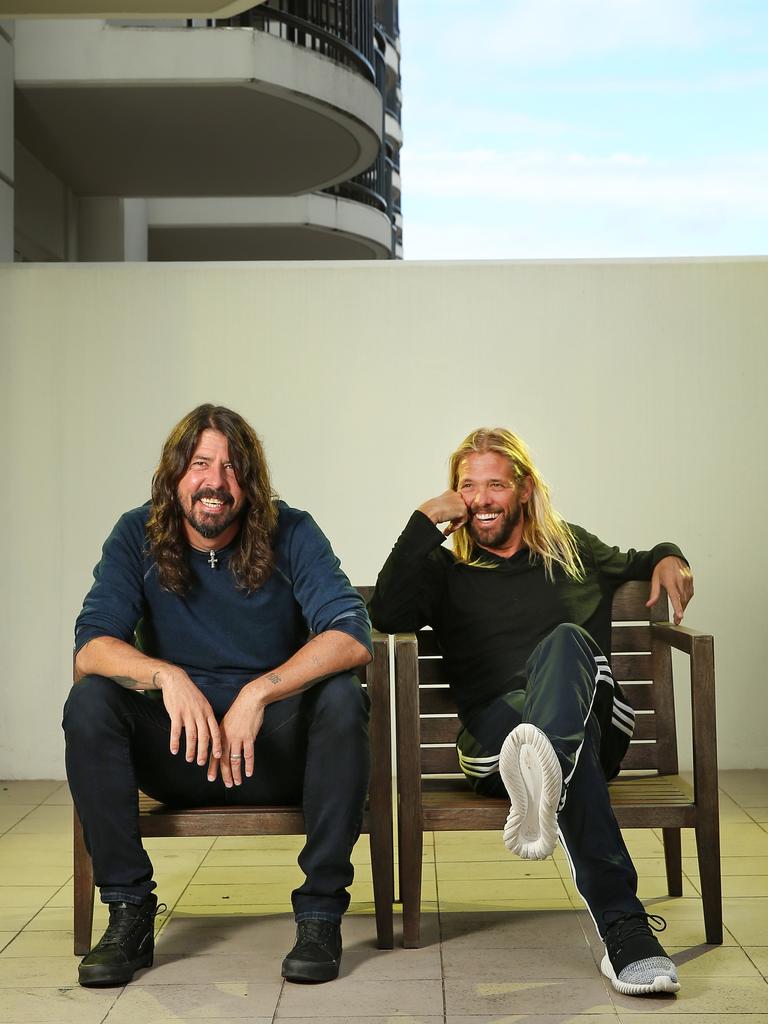 Dave Grohl and Taylor Hawkins from The Foo Fighters in Double Bay during their stay in Sydney. Picture: Richard Dobson