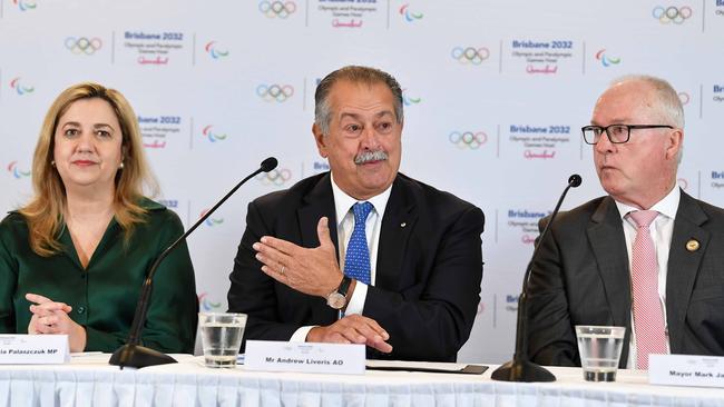 Nuclear family: Andrew Liveris with Queensland Premier Annastacia Palaszczuk and Sunshine Coast mayor Mark Jamieson. Picture: Patrick Woods.