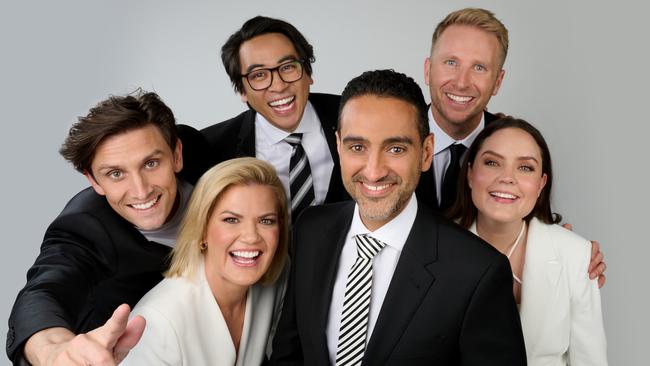 The Project's complete new line-up has been revealed: Sam Taunton (finger outstretched), Sarah Harris (below in white), Michael Hing (above Sarah), Waleed Aly, Hamish Macdonald and Georgie Tunny. Picture: Supplied/Ten