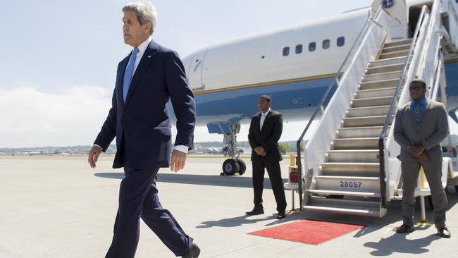 John Kerry steps off his plane in Seattle after an official three-day visit to China and South Korea in 2015. Picture: Saul Loeb/ Pool / AFP