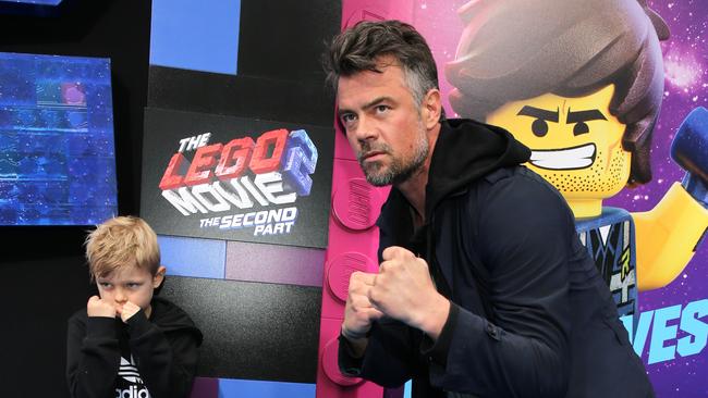 Josh Duhamel and his superhero expert son Axl, who gave him notes on his Jupter’s Legacy costume. Picture: Getty Images