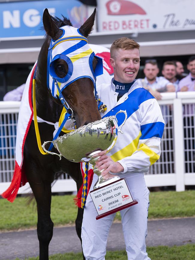 Jockey Les Tilley aboard Namazu after taking out the Cairns Cup. Photo by Emily Barker