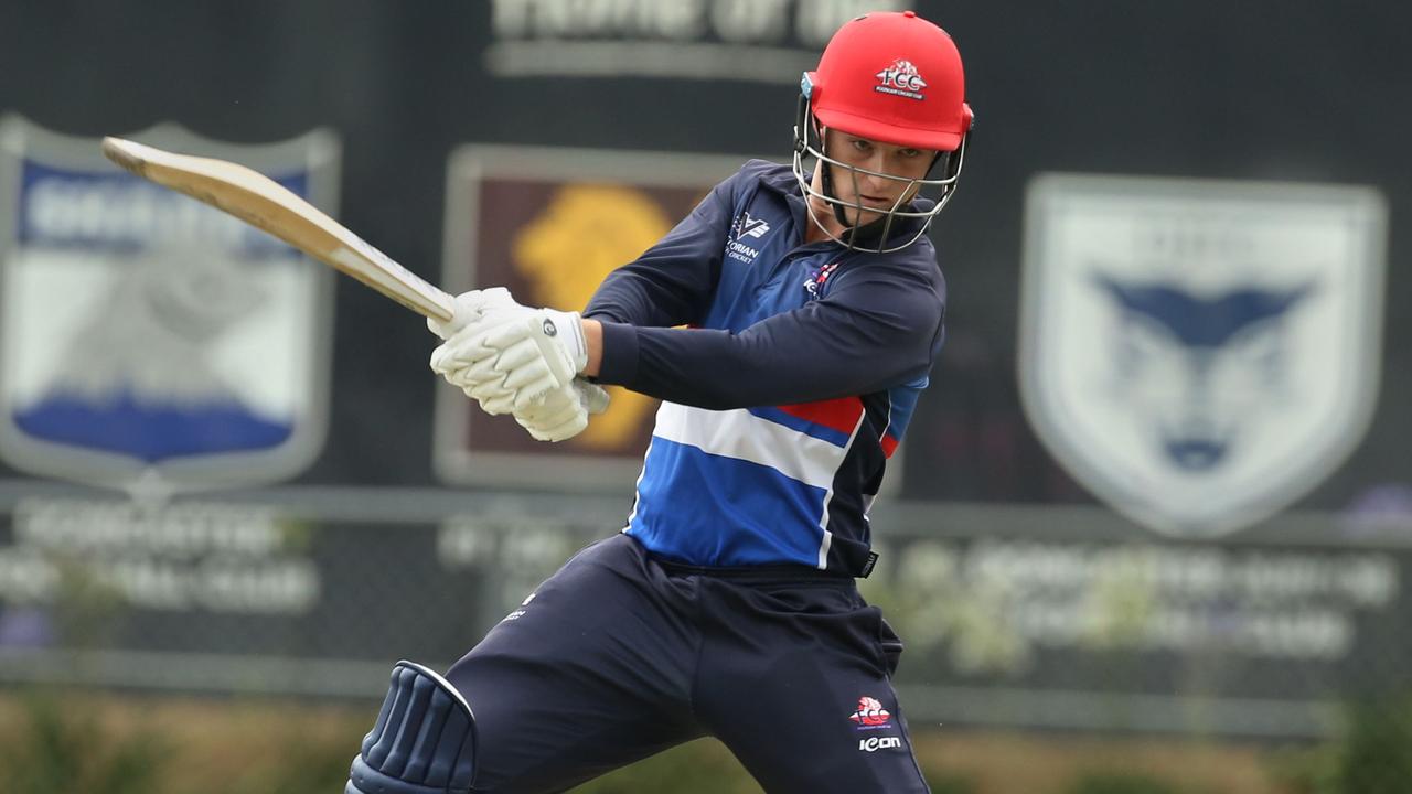 Premier - Dylan Brasher plays a cut shot for Footscray. Picture: Stuart Milligan