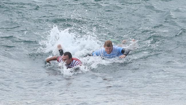 Mick Fanning and Joel Parkinson at the Surf of Origin at Burleigh Beach. Picture: Annette Dew