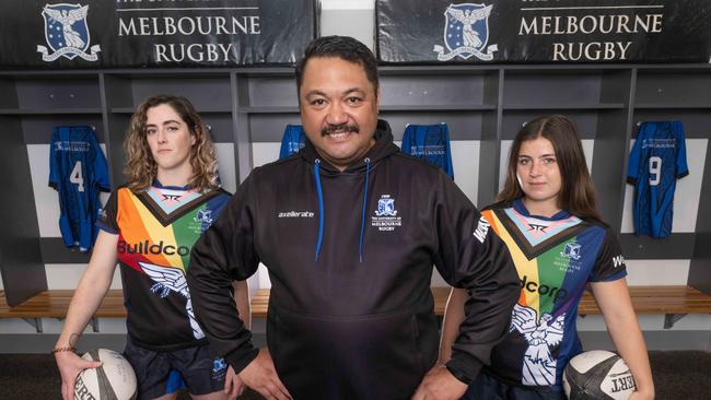 Melbourne University Rugby coach Junior Faatoese, with Imogen Cowan and Olivia Faneco, have benefited from upgrades to their training facility. Picture: Tony Gough