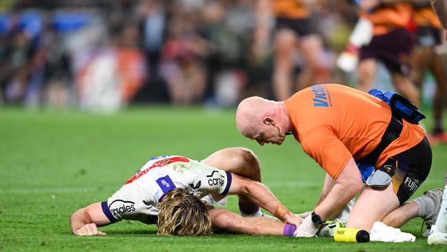 Storm star Ryan Papenhuyzen suffered a suspected compound ankle fracture in the Broncos win over Melbourne. Picture: NRL Imagery.