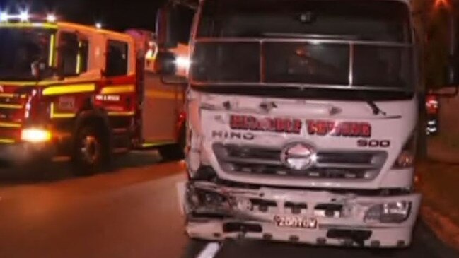 Damage to Daniel Edie's tow truck after it was struck by an allegedly stolen car at Alexandra Hills on Australia Day. Picture: Sky News