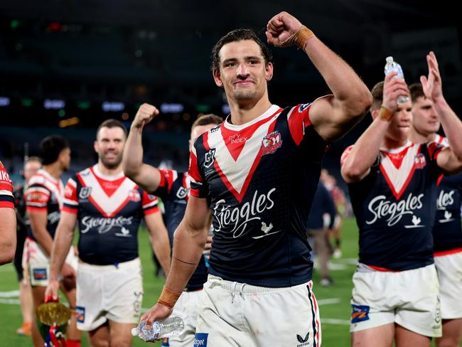 SYDNEY, AUSTRALIA - SEPTEMBER 01:  Billy Smith of the Roosters celebrates victory after the round 27 NRL match between South Sydney Rabbitohs and Sydney Roosters at Accor Stadium on September 01, 2023 in Sydney, Australia. (Photo by Matt King/Getty Images)