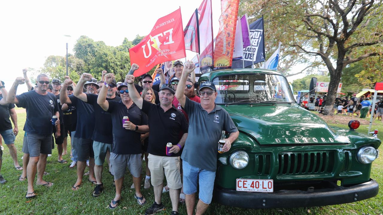 Maritime Union of Australia members standing with the Bedford truck driven by civil rights activist Brian Manning during the Wave Hill Walk-off after the truck led the May Day march on Monday, May 5. Picture: Zizi Averill