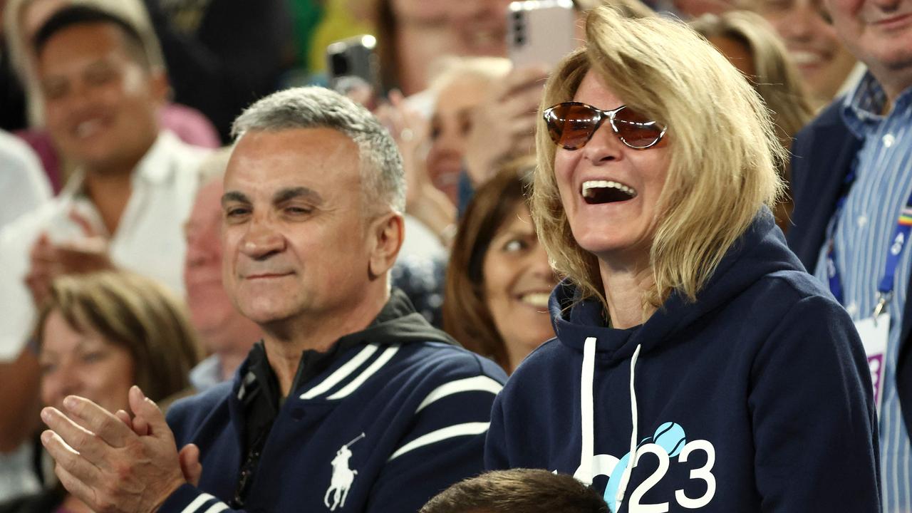 Srdjan Djokovic (L), pictured here alongside Novak’s mother Dijana Djokovic, was missing from the Australian Open final. (Photo by DAVID GRAY / AFP)