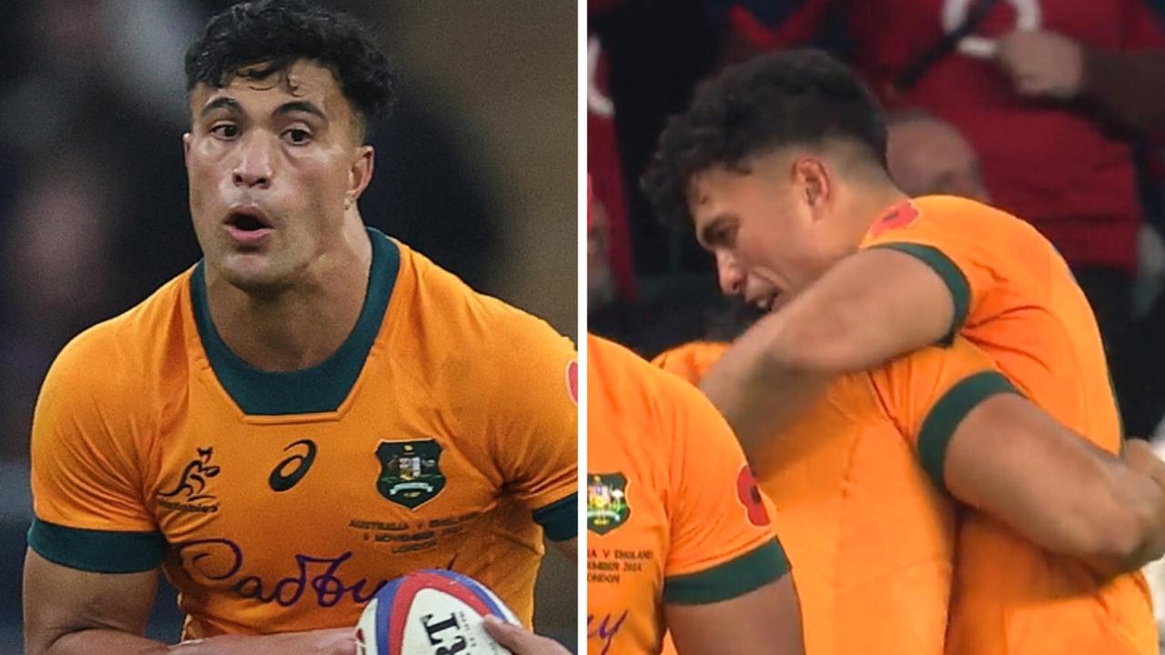 ‘Interesting’: Joseph Suaalii hug says it all as Wallaby explodes on debut