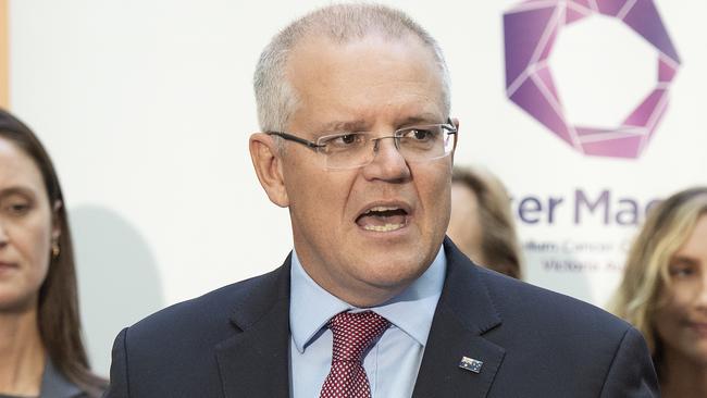 Prime Minister Scott Morrison speaks to the media during a tour of Peter MacCallum Cancer Centre in Melbourne, Monday, March 25th, 2019. (AAP Image/Ellen Smith) NO ARCHIVING