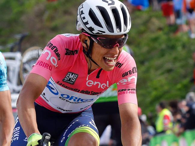 Pink jersey Colombian Esteban Chaves (R) of Orica GreenEDGE and Italian Michele Scarponi of Astana pro team ride during the 20th stage of the 99th Giro d'Italia, Tour of Italy, from Guillestre to Sant'Anna di Vinadio on May 28, 2016. Starting the day second at 44sec behind leader Esteban Chaves, Italian Vincenzo Nibali puts 1min 35sec into the Colombian to snatch the pink jersey. / AFP PHOTO / LUK BENIES