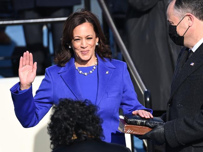 Kamala Harris is sworn in as Vice President by Supreme Court Justice Sonia Sotomayor. Picture: Getty Images