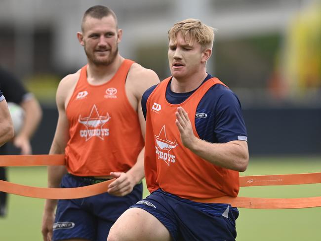 TOWNSVILLE, AUSTRALIA - JANUARY 11: Tom Dearden of the Cowboys trainsduring a North Queensland Cowboys  NRL training session at Qld Country Bank Stadium on January 11, 2024 in Townsville, Australia. (Photo by Ian Hitchcock/Getty Images)