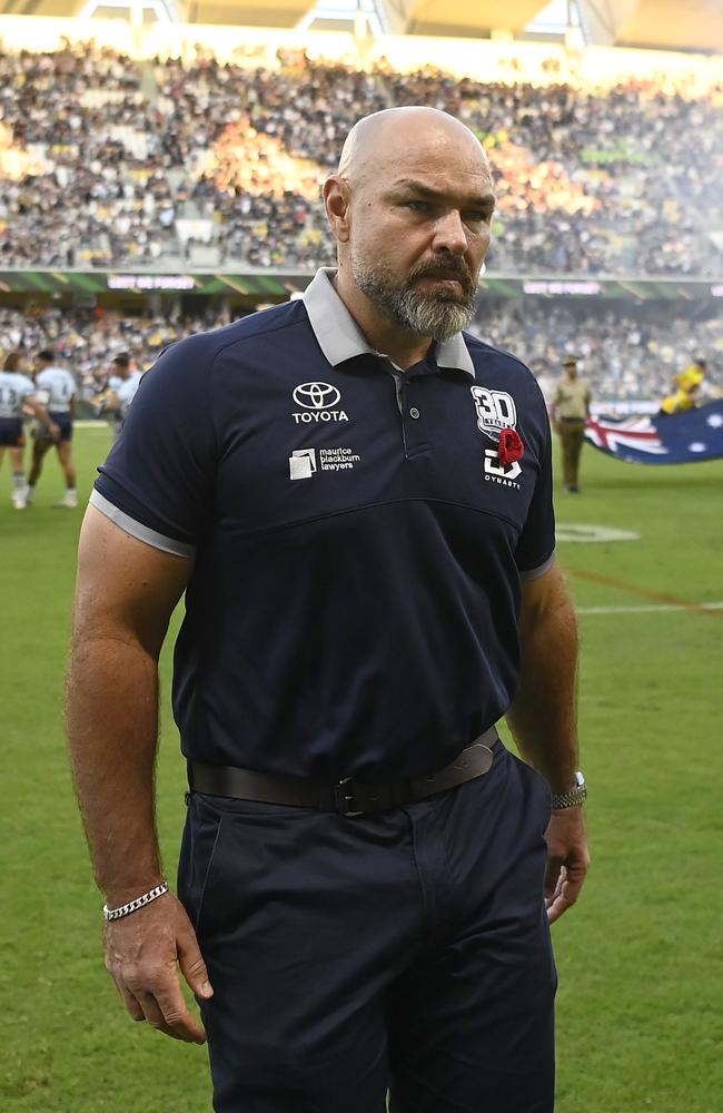 Cowboys coach Todd Payten walks from the field before the start of the round eight NRL match between North Queensland Cowboys and Gold Coast Titans at Queensland Country Bank Stadium, on April 26, 2025, in Townsville, Australia. (Photo by Ian Hitchcock/Getty Images)