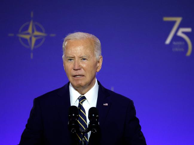 WASHINGTON, DC - JULY 09: U.S. President Joe Biden delivers remarks during the NATO 75th anniversary celebratory event at the Andrew Mellon Auditorium on July 9, 2024 in Washington, DC. NATO leaders convene in Washington this week for its annual summit to discuss future strategies and commitments and mark the 75th anniversary of the allianceâs founding.   Kevin Dietsch/Getty Images/AFP (Photo by Kevin Dietsch / GETTY IMAGES NORTH AMERICA / Getty Images via AFP)