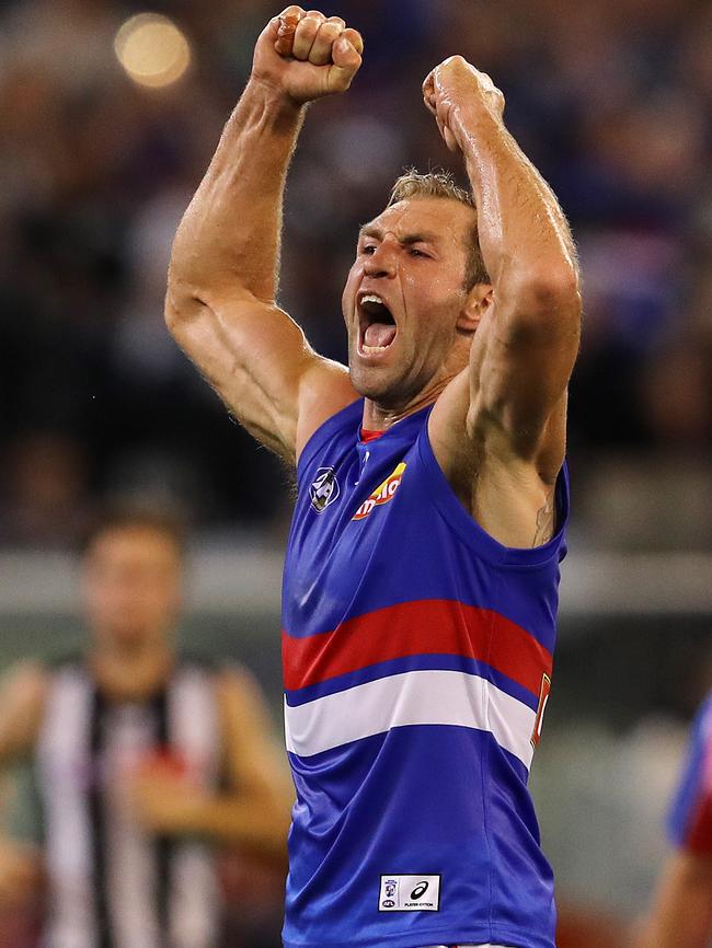 Travis Cloke celebrates his first goal as a Bulldog — against Collingwood. Picture: Michael Klein