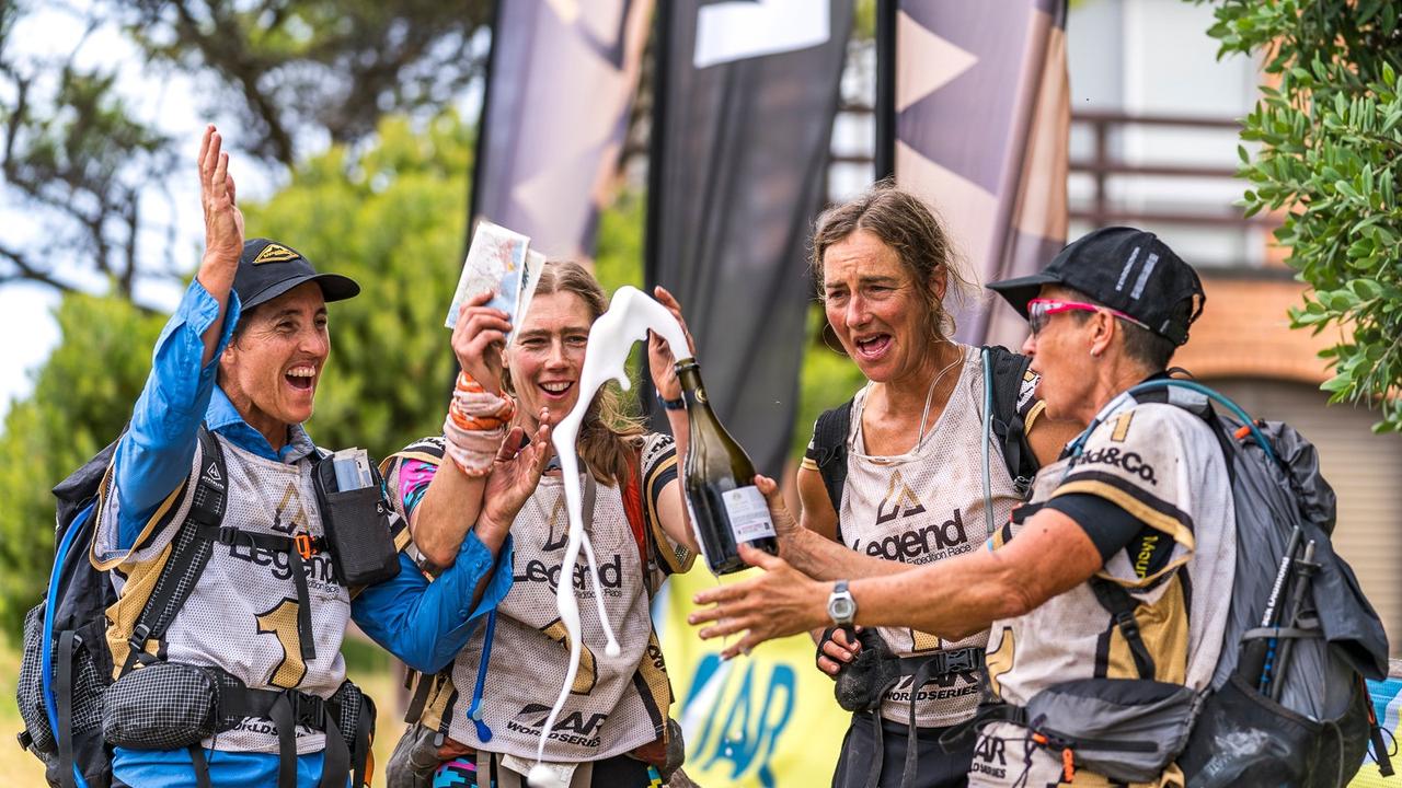 The Mountain Designs Wild Women adventure racing team celebrate their win. Picture: Margarete Oti Oliveira