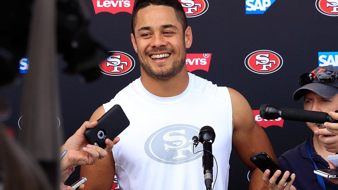 ENGLEWOOD, CO - AUGUST 27: Jarryd Hayne #38 of the San Francisco 49ers talks to the media following a joint training session with the San Francisco 49ers and the Denver Broncos at the Denver Broncos Training Facility on August 27, 2015 in Englewood, Colorado. Doug Pensinger/Getty Images/AFP == FOR NEWSPAPERS, INTERNET, TELCOS & TELEVISION USE ONLY ==