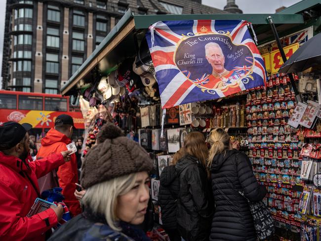 A commemorative Union Jack King Charles III Coronation flag is displayed for sale at a souvenir shop in London, England. Picture: Getty Images