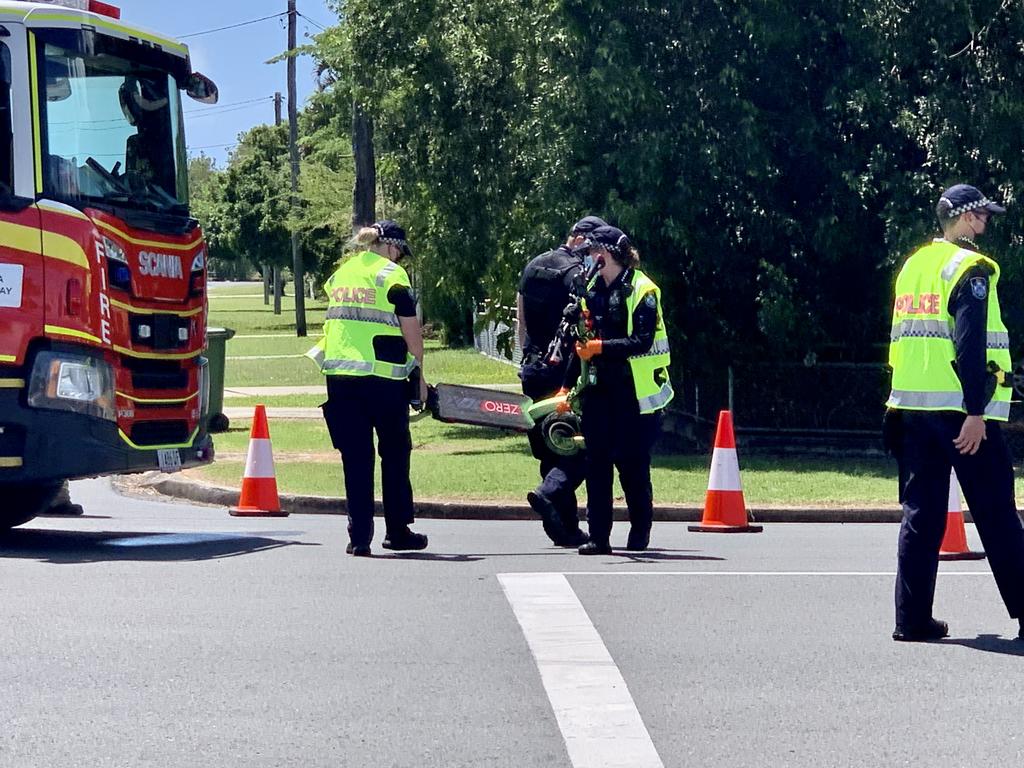 An electric scooter rider suffered a significant leg injury after he and a car collided on Adrian and Field St in West Mackay on January 14, 2022. Picture: Rae Wilson