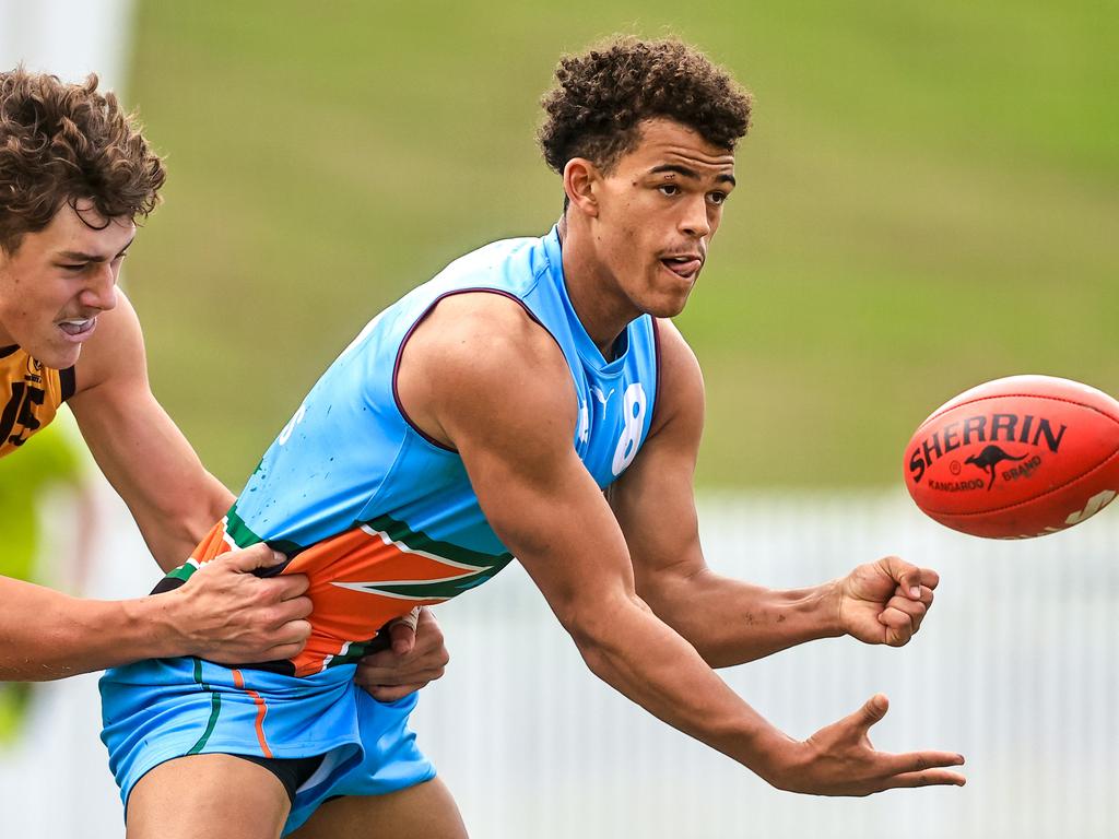 SYDNEY, AUSTRALIA – JUNE 02: Leonardo Lombard of the Allies hand balls during the Marsh AFL National Championships match between U18 Boys Allies and Western Australia at Blacktown International Sportspark on June 02, 2024 in Sydney, Australia. (Photo by Jenny Evans/AFL Photos/via Getty Images)