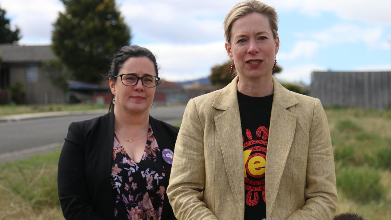 Labor MP Ella Haddad and party leader Rebecca White speak to the media at Bridgewater on Monday, October 9, 2023.