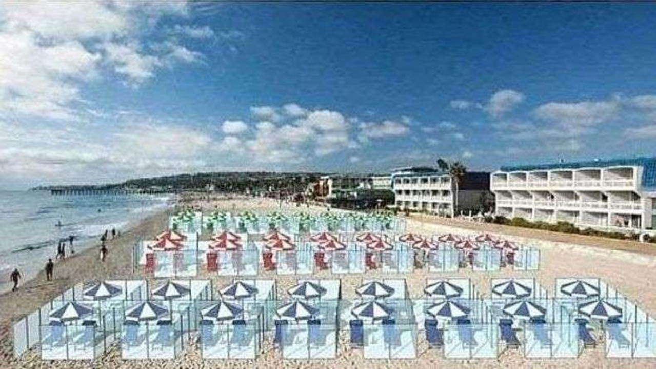 An Italian company has proposed installing plexiglass cubicles on the beach to help people maintain social distancing. Picture: Twitter