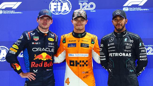 Pole sitter Lando Norris (centre), with second placed Max Verstappen and third placed Lewis Hamilton. (Photo by Mark Thompson/Getty Images)