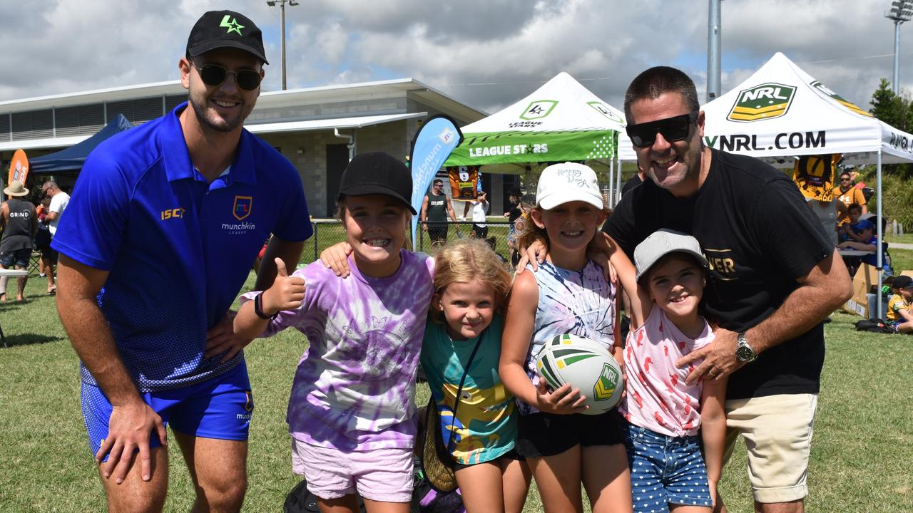 Tim Thomas, Lily Taylor, Josie Allen, Grace Allen, Frankie Taylor and Steve Taylor at the Play Something Unreal rugby league clinic in Kawana. Picture: Sam Turner