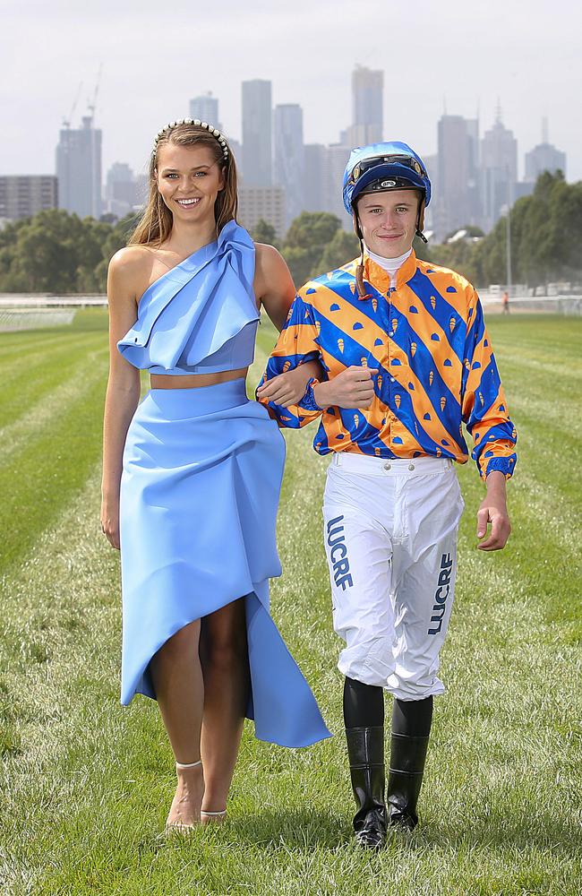 Australia’s latest Victoria’s Secret Model, Alannah Walton, with jockey Ben Allen at Flemington for the autumn racing carnival. Picture: Ian Currie