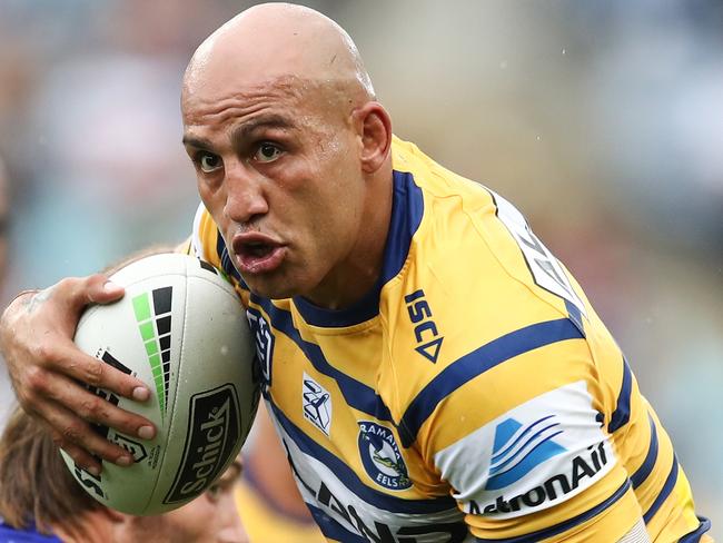 Blake Ferguson of the Eels runs the ball during the Round 2 NRL match between the Canterbury Bulldogs and the Parramatta Eels at ANZ Stadium, Sydney, Sunday, March 24, 2019. (AAP Image/Brendon Thorne) NO ARCHIVING, EDITORIAL USE ONLY