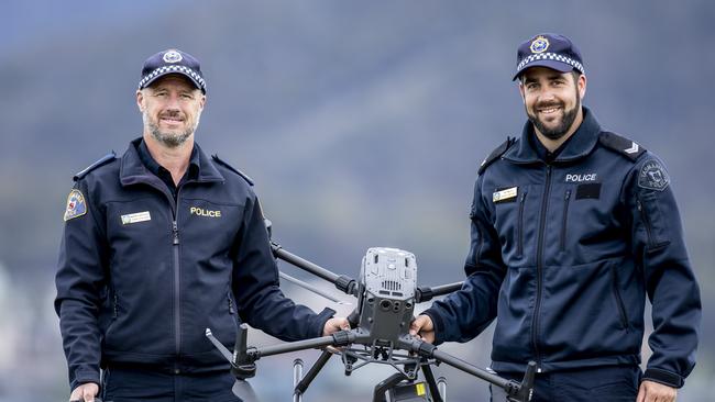 Mark Forteath, Senior Sergeant and Matt Smith, Senior Constable are shown with the new Police drone at Hobartâ&#128;&#153;s Domain. Picture Eddie Safarik.