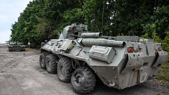 This photograph taken in Balakliya shows a Russian BTR-80 armoured vehicle. Picture: AFP