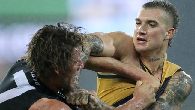 01/07/16 Port Adelaide v Richmond AFL match at Adelaide Oval. Brett Ebert and Dustin Martin wrestle. photo Calum Robertson