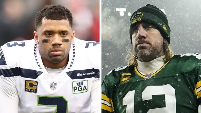 Russell Wilson and Aaron Rodgers. Photo: Azra Shaw, Patrick McDermott, AFP via Getty.