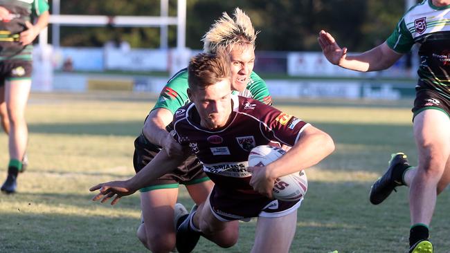 Rugby League Gold Coast A-Grade Round 2 - Burleigh Bears vs. Helensvale Hornets at Pizzey Park. Ryan Wescombe scoring a try. 16 May 2021 Miami Picture by Richard Gosling