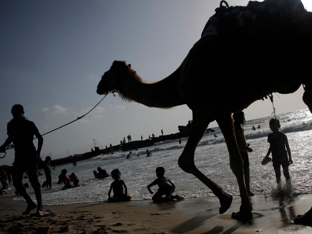 A Palestinian man walks his camel on the beach in Gaza City on July 12, 2019. Picture: AFP