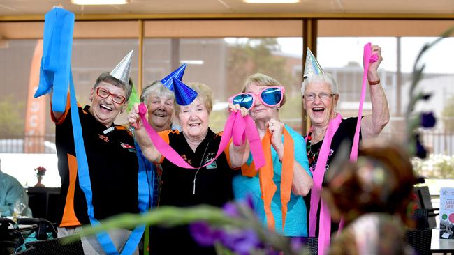 Else Lydiksen, Kate McGoran, Lois Ward, May Dunlop, Lily Boyce pictured at the Grenville Centre in Playford, which is celebrating 35 years of working with local over 50s. (AAP Image/Sam Wundke)