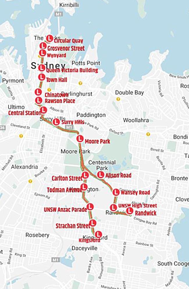 The route of the proposed, extended, light rail path through Sydney.