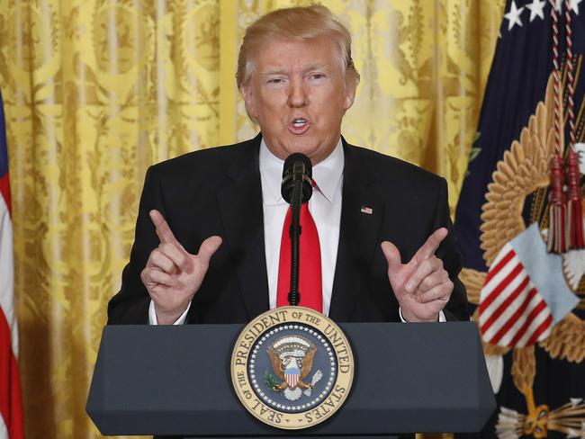 President Donald Trump gestures during a news conference in the East Room of the White House in Washington, Thursday, Feb. 16, 2017. (AP Photo/Pablo Martinez Monsivais)