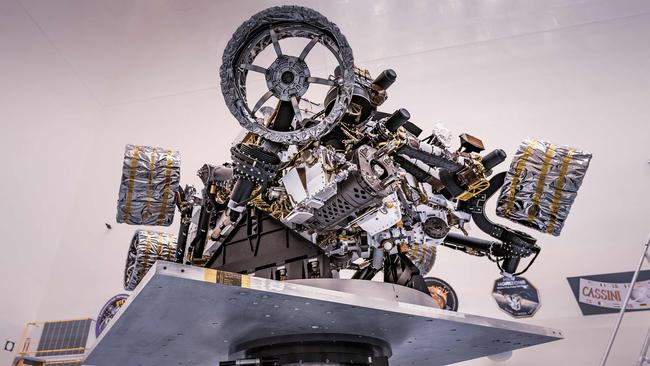 NASA's Perseverance rover is attached to a spin table during a test of its mass properties at the Kennedy Space Center in Florida. Picture: AFP