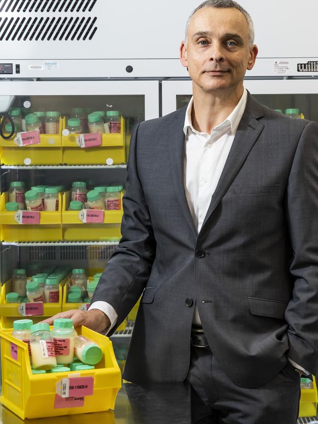 Qld Milk Bank director Pieter Koorts with donated milk supplies at the RBWH. Picture: Mark Cranitch