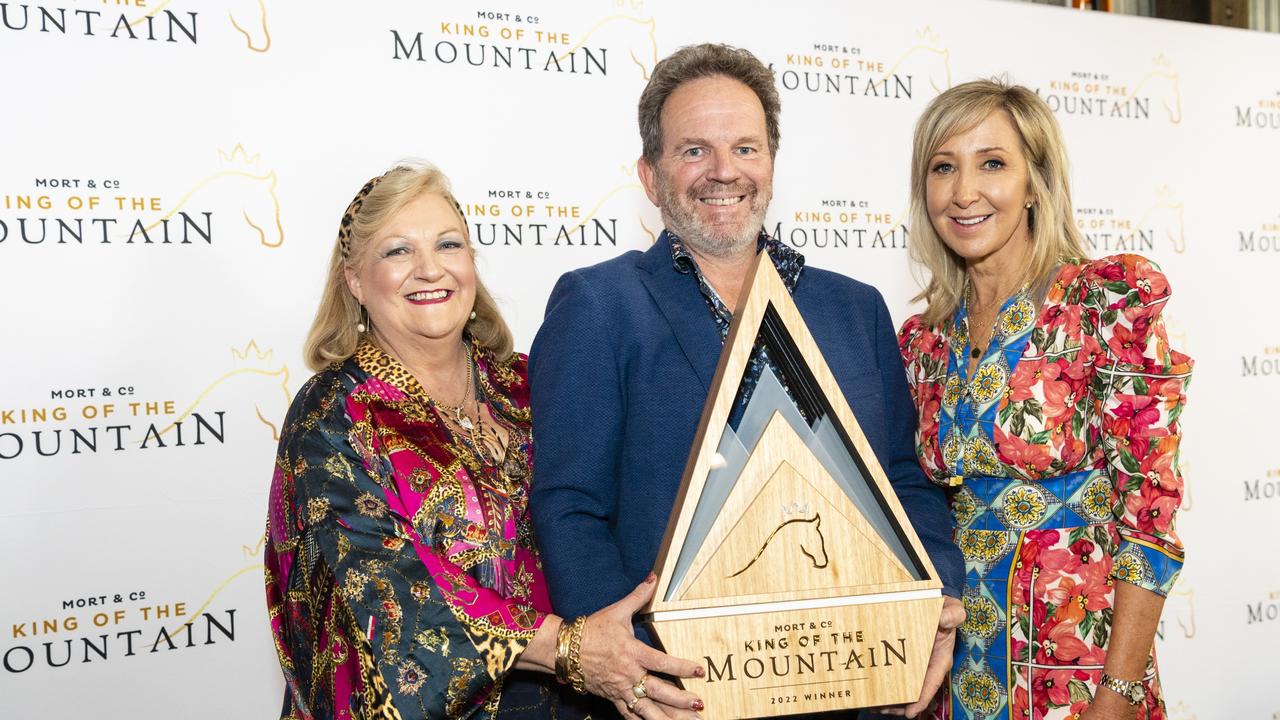 Rowena and Paul Hogan of Hogans Family Jewellers with Catherine Kirkwood (right) show off the Mort and Co King of the Mountain trophy made by Hogans and Potato Press at the slot holder draw luncheon, Friday, October 7, 2022. Picture: Kevin Farmer