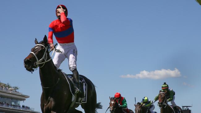 James McDonald when crossing the line to win the 2021 Melbourne Cup on Verry Elleegant. Picture: Michael Klein