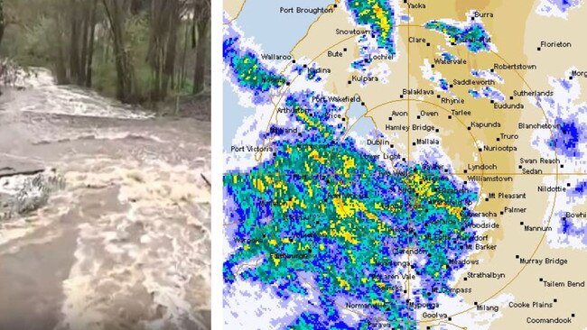 Flooding at Coromandel Valley, left, with the predicted rain radar for 7.30 on Thursday night.