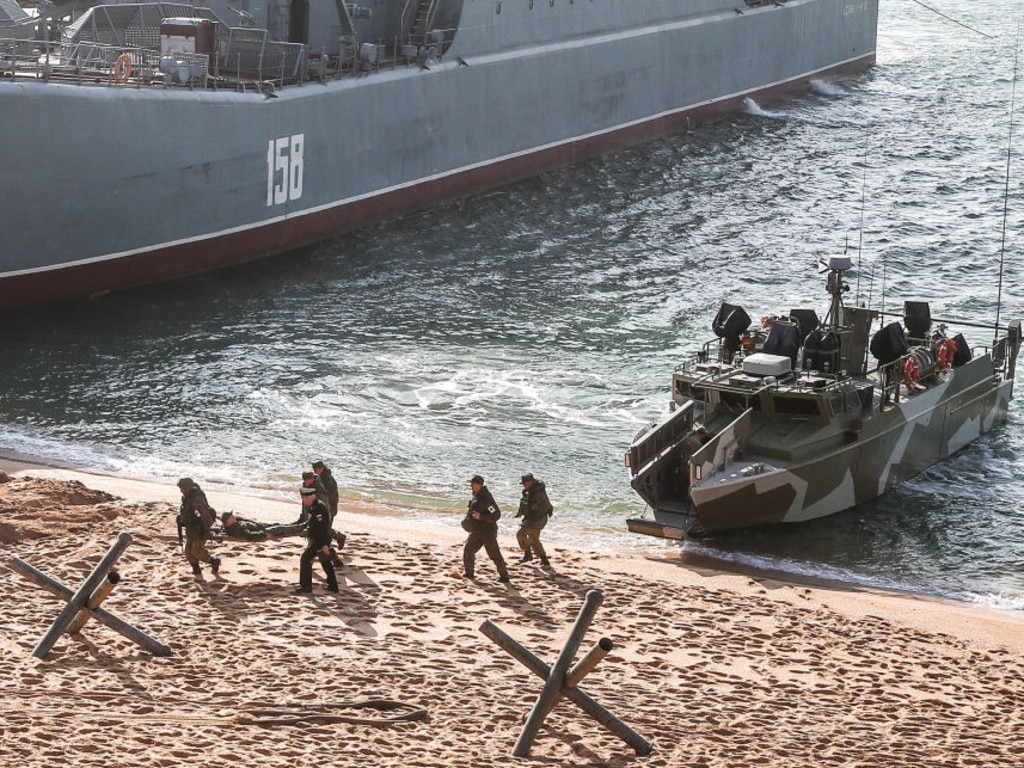 Over 8000 servicemen and about 350 items of military hardware and weaponry taking part in an amphibious landing drill in Crimea. Picture: Sergei Malgavko\TASS via Getty Images