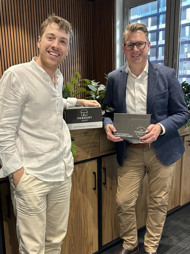 The Yoghurt Shop chief operating officer Brandon Reynolds, left, with the company’s new advisory board chair Stephan Knoll. Picture: Supplied by The Yoghurt Shop